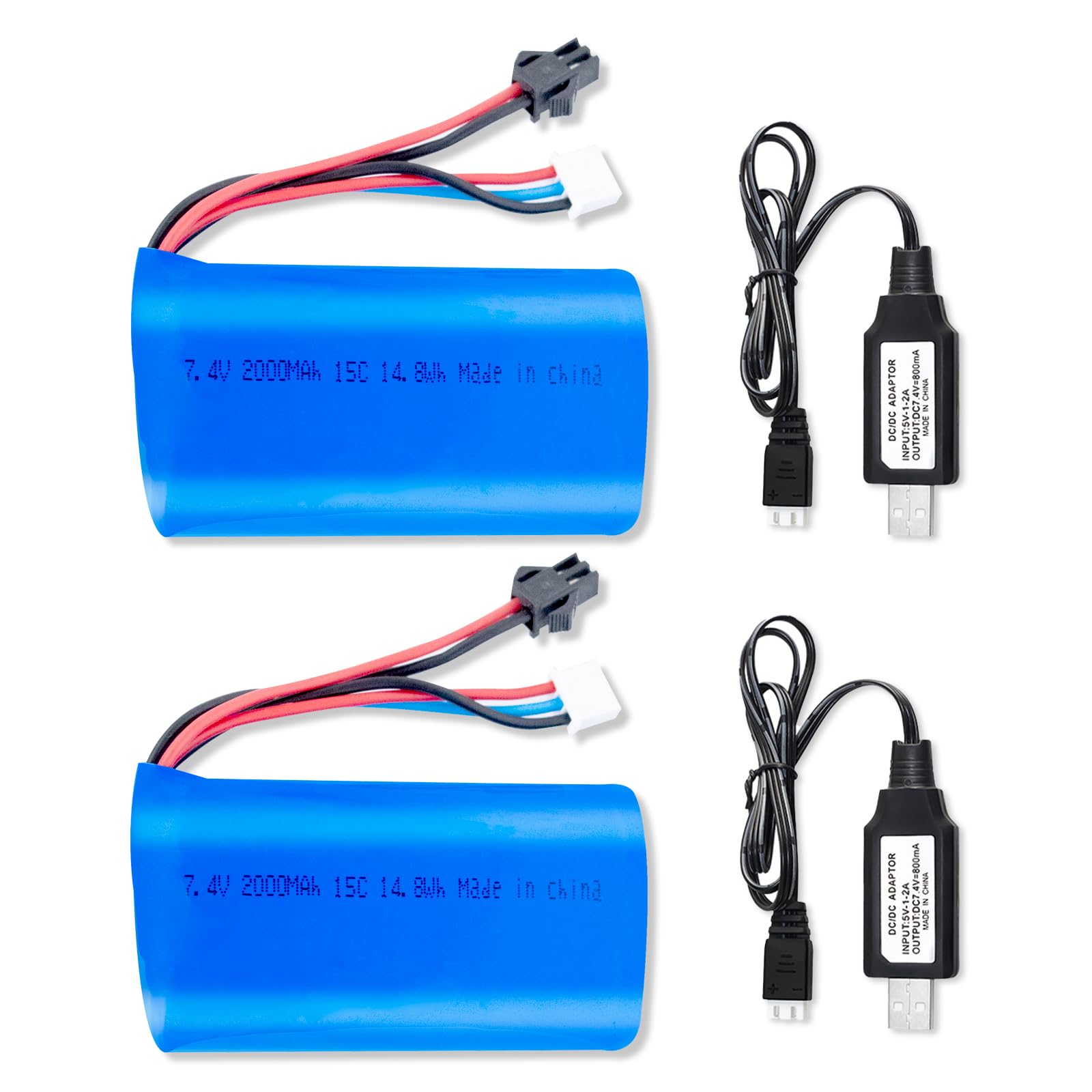 2 Batterie Li-ion 7.4V 2000mAh 15C 2S Con Connettore SM-3P E 2 Caricabatterie USB Per Auto E Barche RC