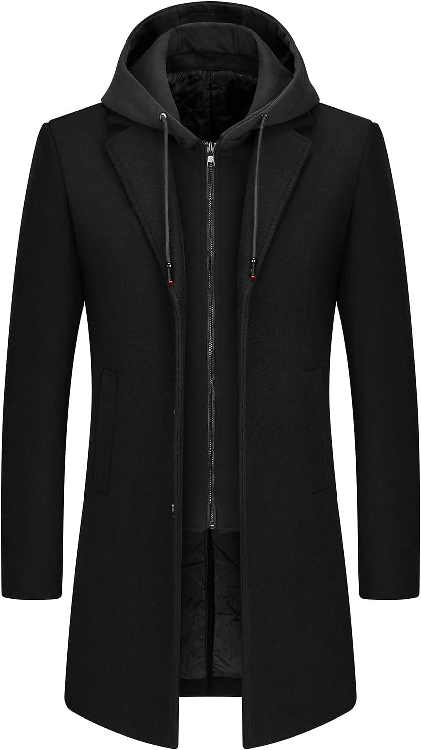 Mens Wool Trench Coat Solid Casual Padded Outdoor Overcoat Long hooded Warm Coat Jacket