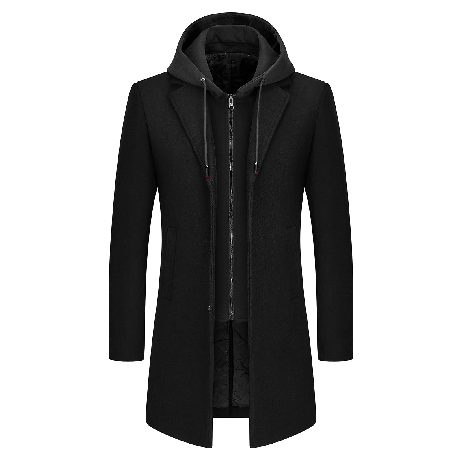 Mens Wool Trench Coat Solid Casual Padded Outdoor Overcoat Long hooded Warm Coat Jacket