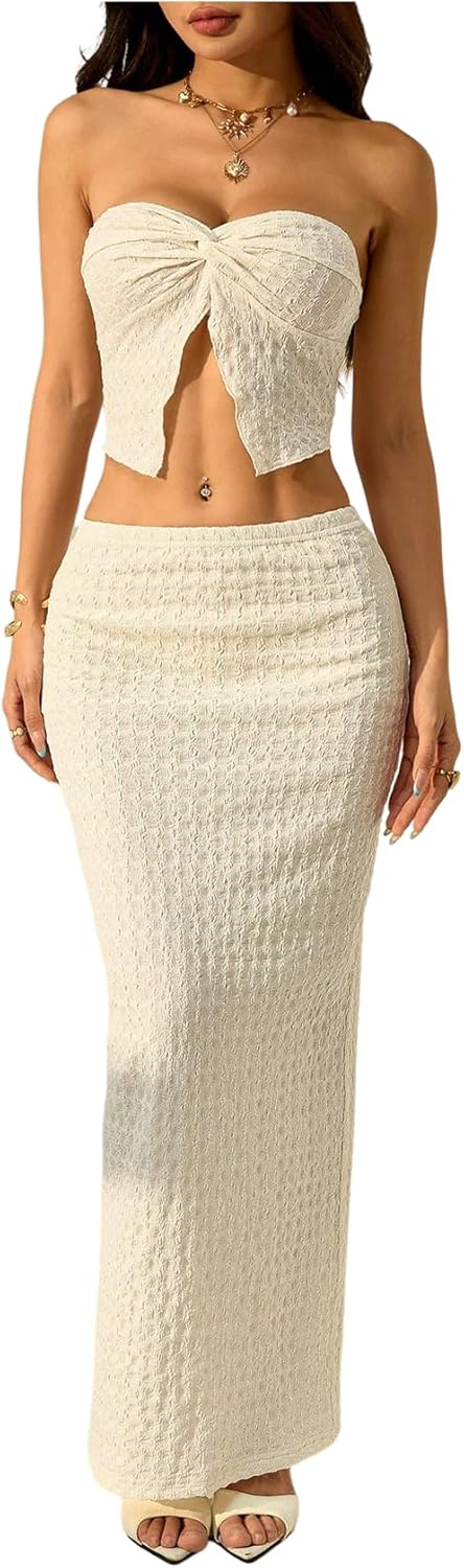 GORGLITTER Women's 2 Piece Textured Matching Outfits Twist Front Bandeau Top Bodycon Maxi Skirt Sets