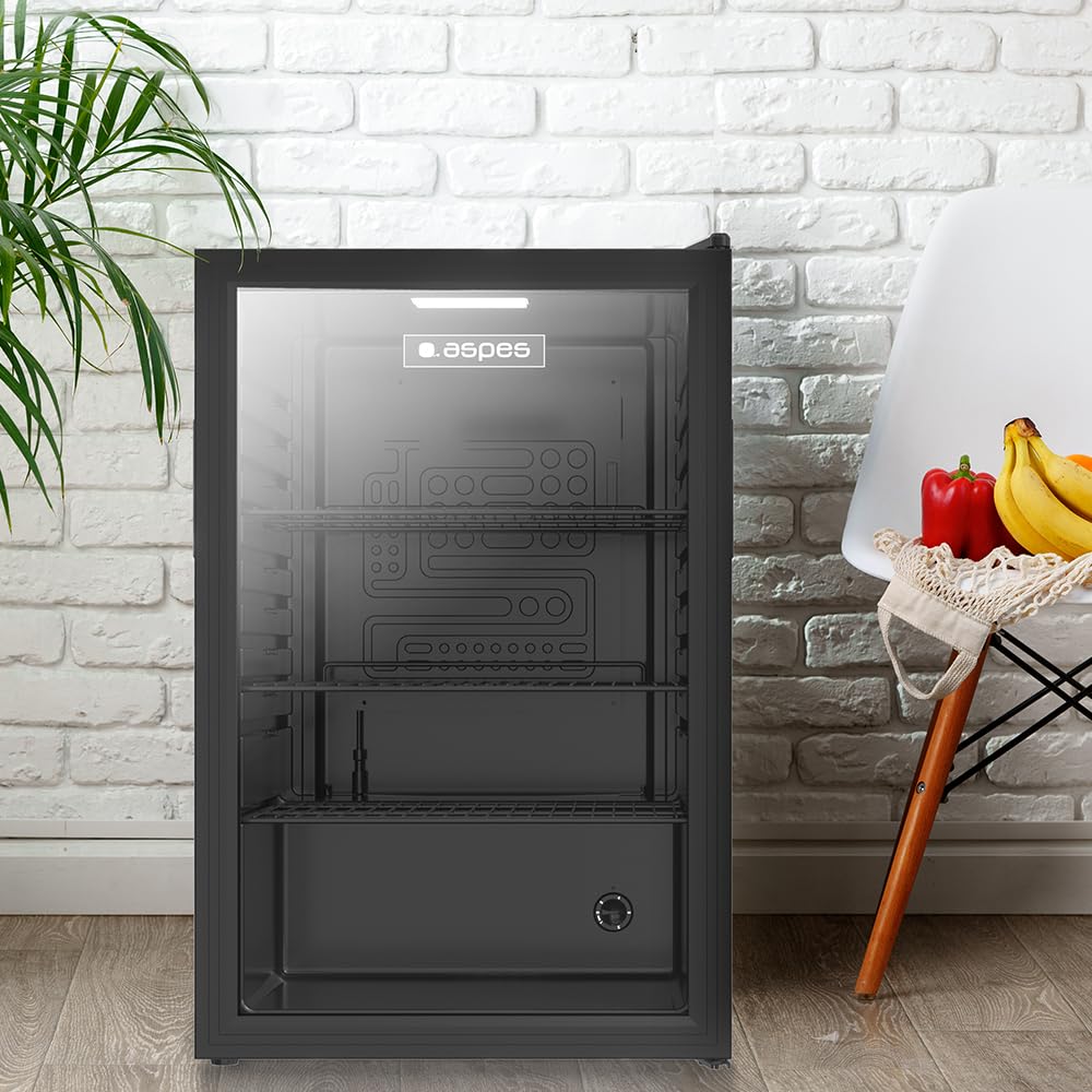 Aspes Refrigerador Negro ARH855500EN, Capacidad 121 Litros, 54 cm Ancho, 84 cm Alto, Cíclica, 39 dB Nivel Sonoro, Luz LED, Puerta Cristal Reversible, Apertura Tipo Uñero, Clase E