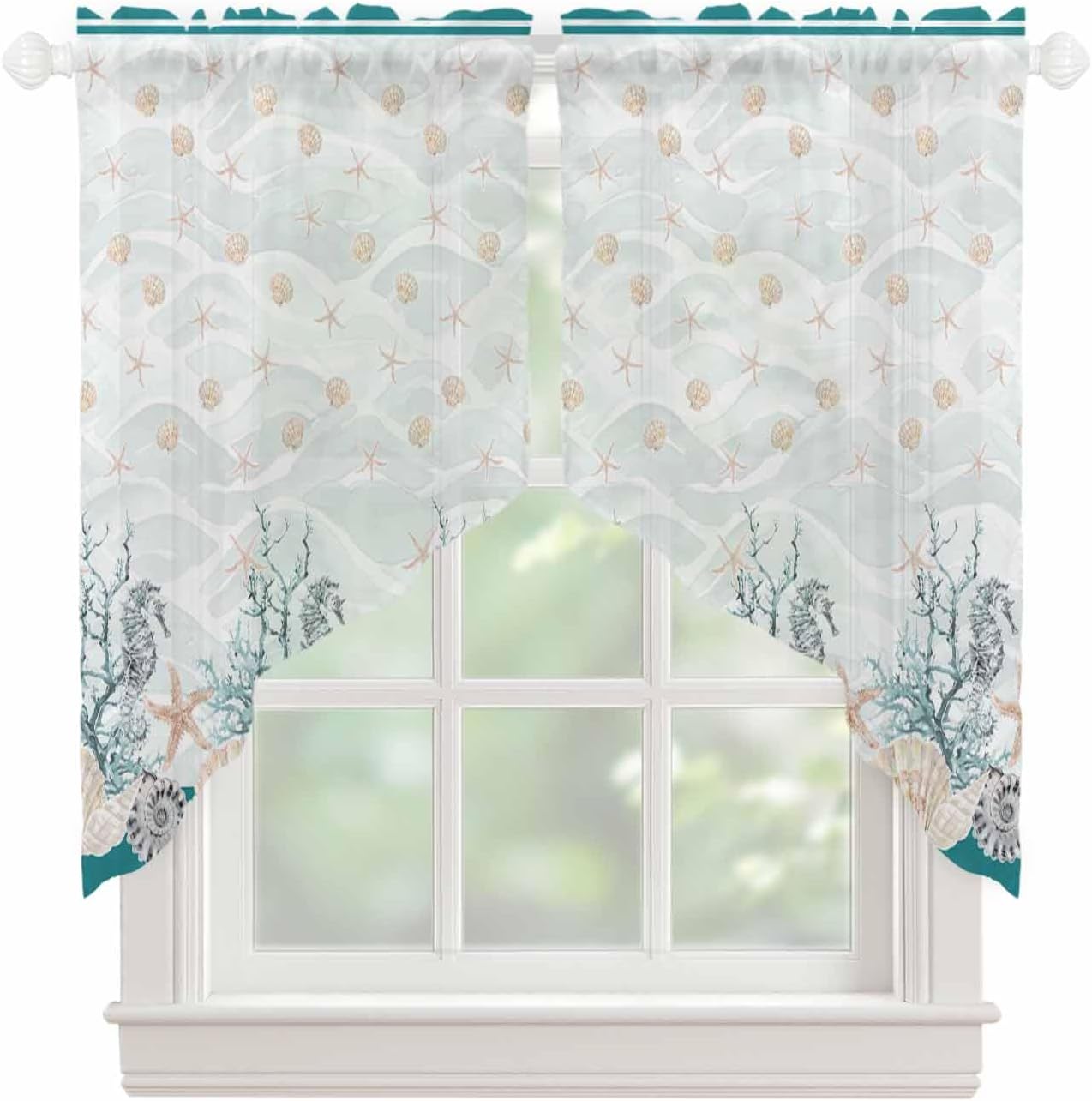 Red Coastal Shell Swag Valances for Windows, Scalloped Sheer Kitchen Swag Curtains Rod Pocket Voile Nautical Seahorse Coral Stripes Topper Curtains for Living Room Cafe Bedroom, 36"x45", 2 Panels