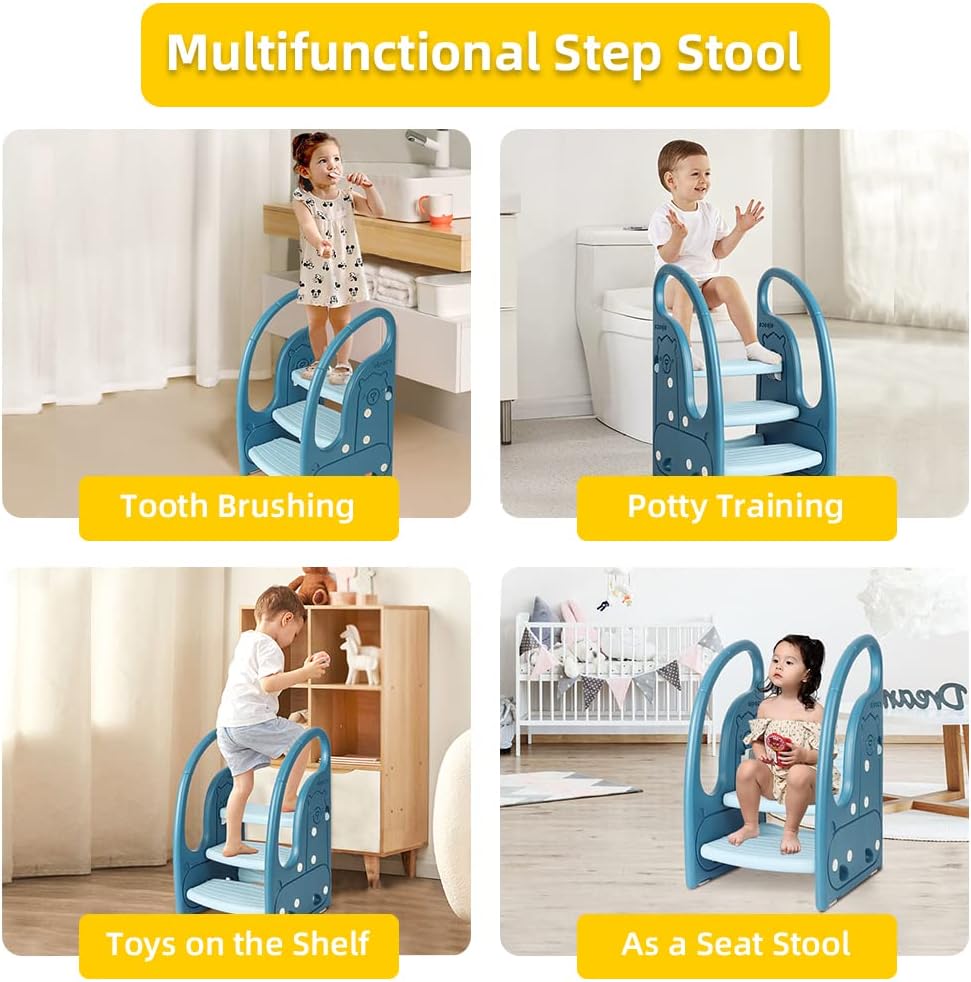 Toddler Step Stool Chair Onasti Kids 3 Step Standing Tower for Toddlers Plastic Learning Helper Stool for Kitchen Counter Bathroom Sink Toilet Potty Training with Handles and Non-Slip Pads-Blue