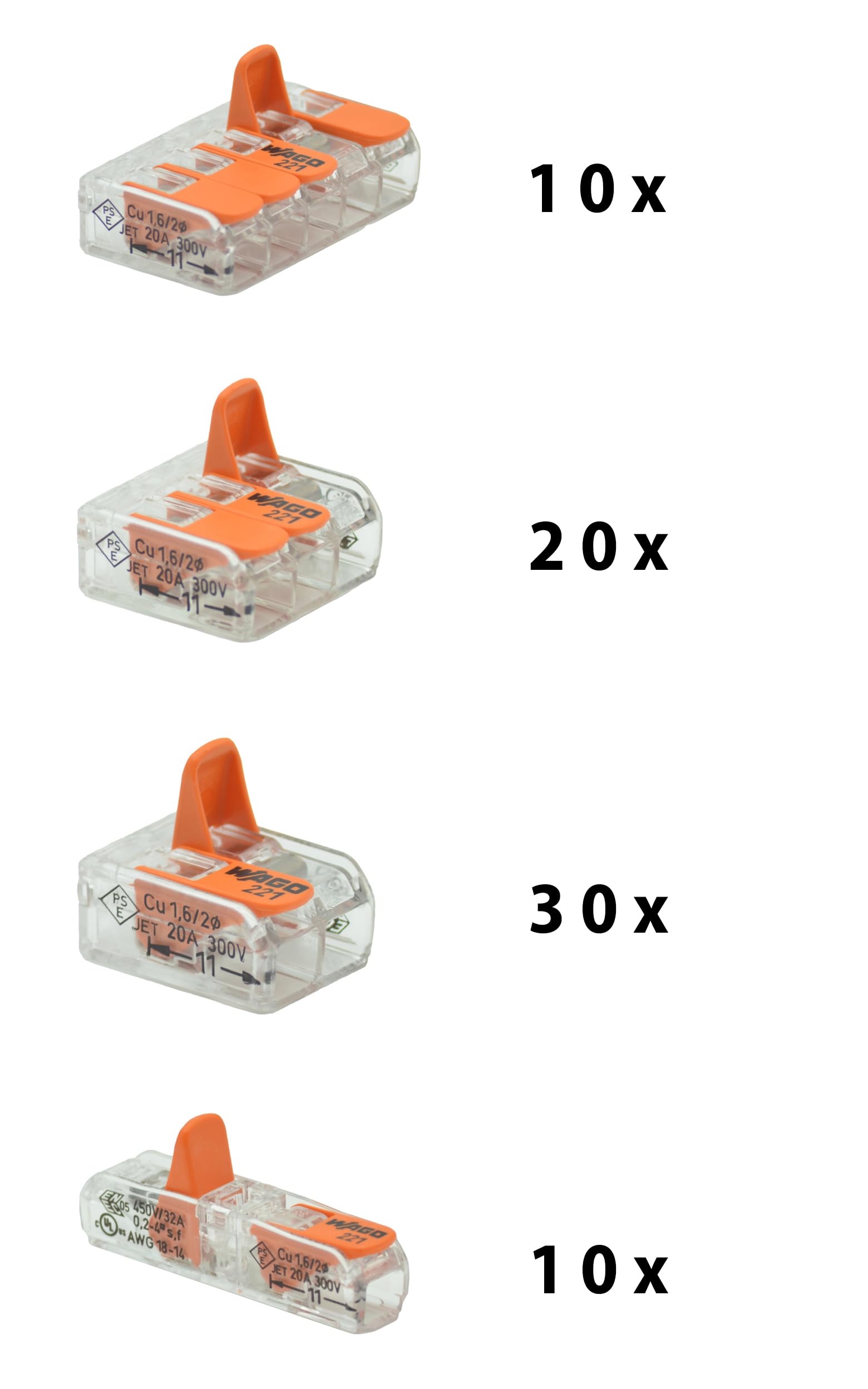 Sortimentsbox 1x Outlet4Life VDE Phasenprüfer und 70 Wago Markenverbindungsklemmen vom Typ 221, 30x 221-412, 20x 221-413, 10x 221-415, 10x 221-2411