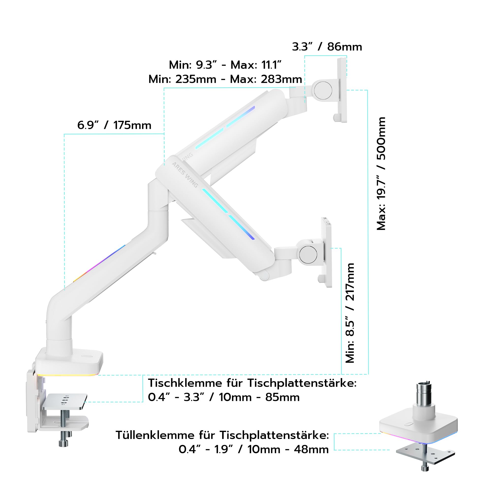 ARES WING RGB Gaming Monitor Halterung für 17-49" Monitore,Weiß | Monitor Arm für schwere 20 kg Flach & Curved Monitore, höhenverstellbarer Monitorarm, für Gamer Designed