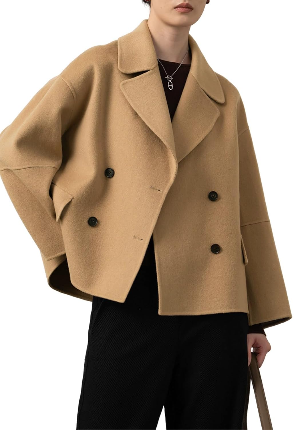 utcoco Women Cropped Wool Pea Coats Notched Lapel Double Breasted Crop Woolen Trench Coat Short Jackets with Pockets