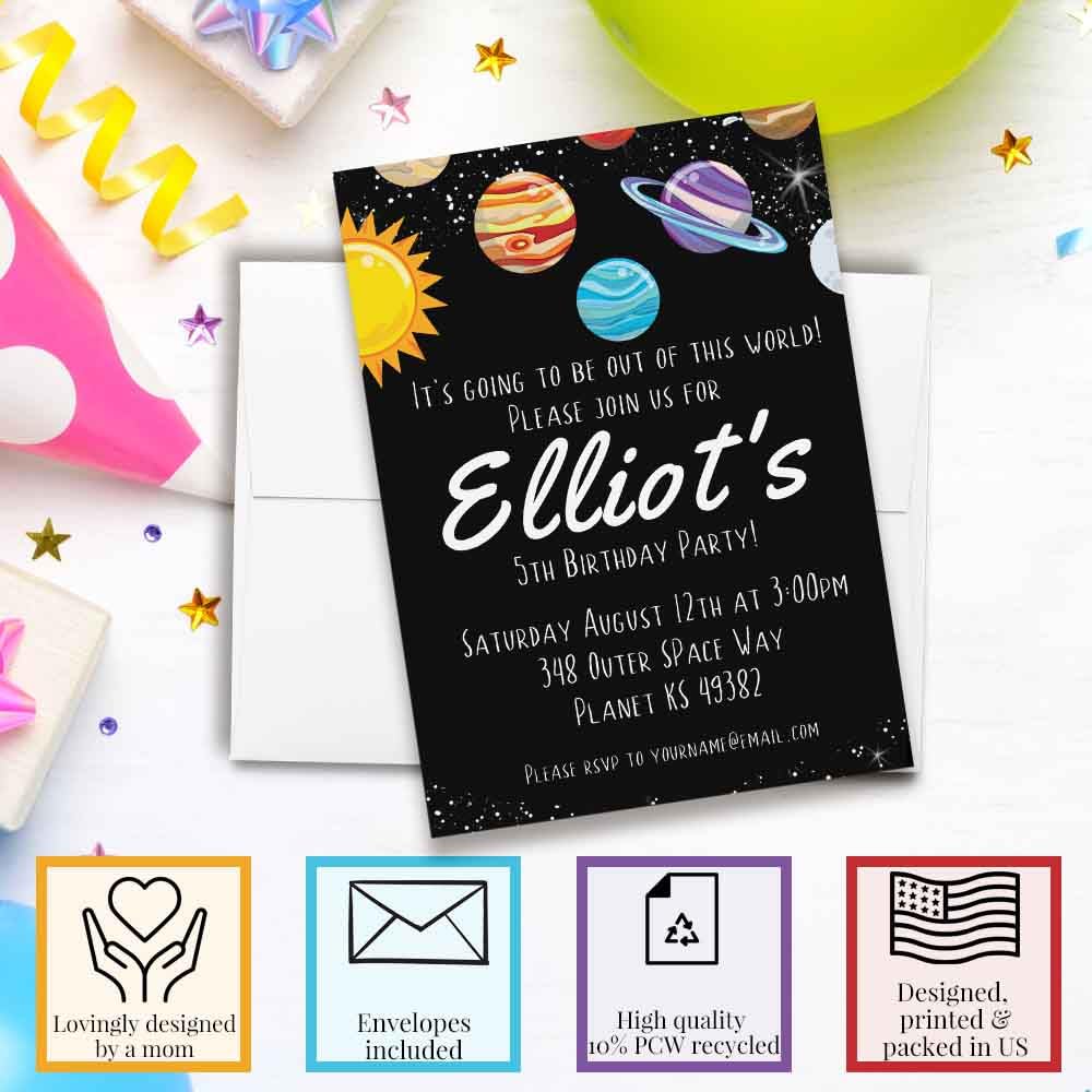 Custom Birthday Invitations Outer Space Themed 20 5x7 Birthday Party Invitation Cards With Envelopes - Unique Planet Birthday Theme Invites
