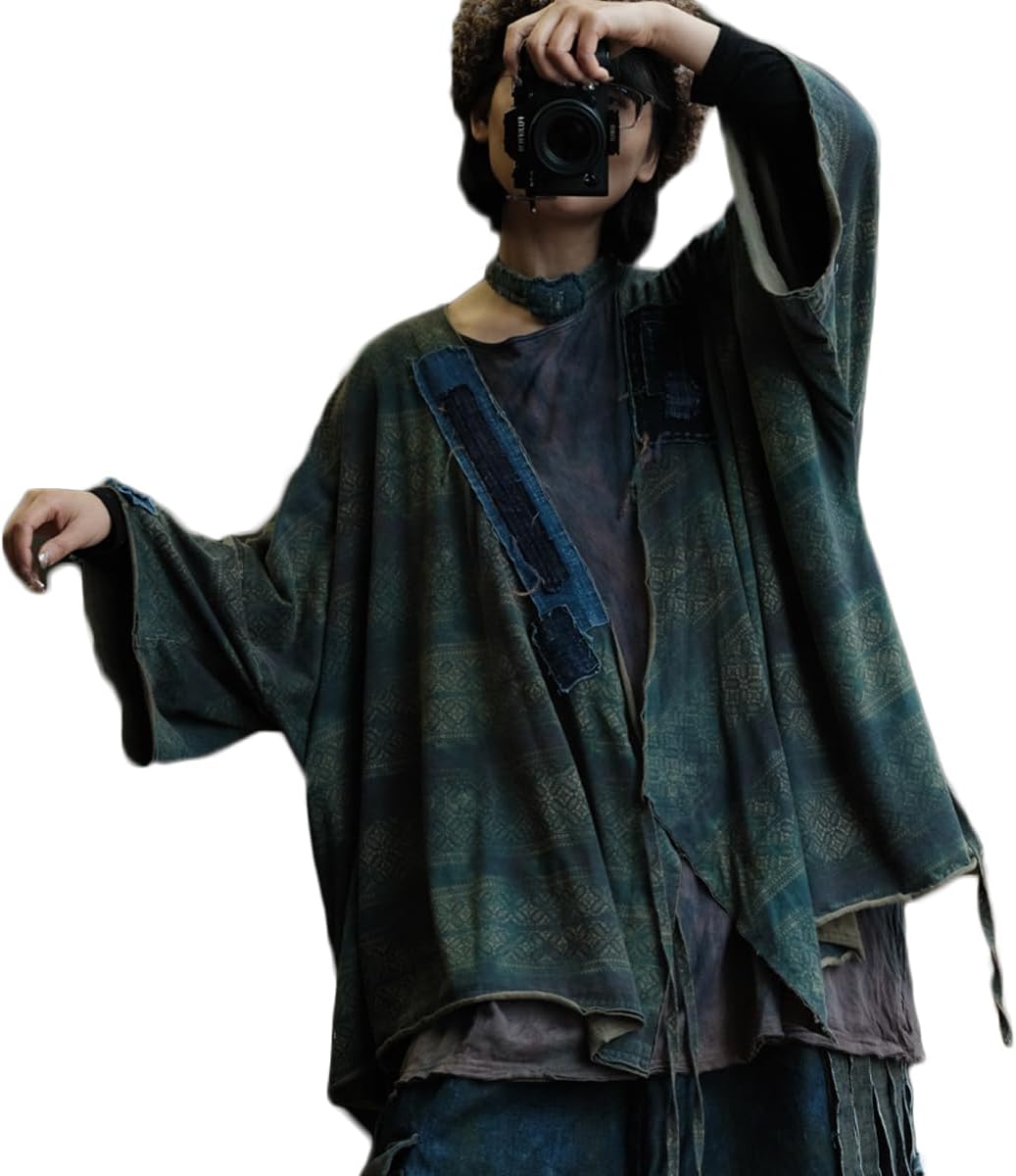 Women Vintage Style Geometric Pattern Cardigan Distressed Denim Look Kimono Shirt