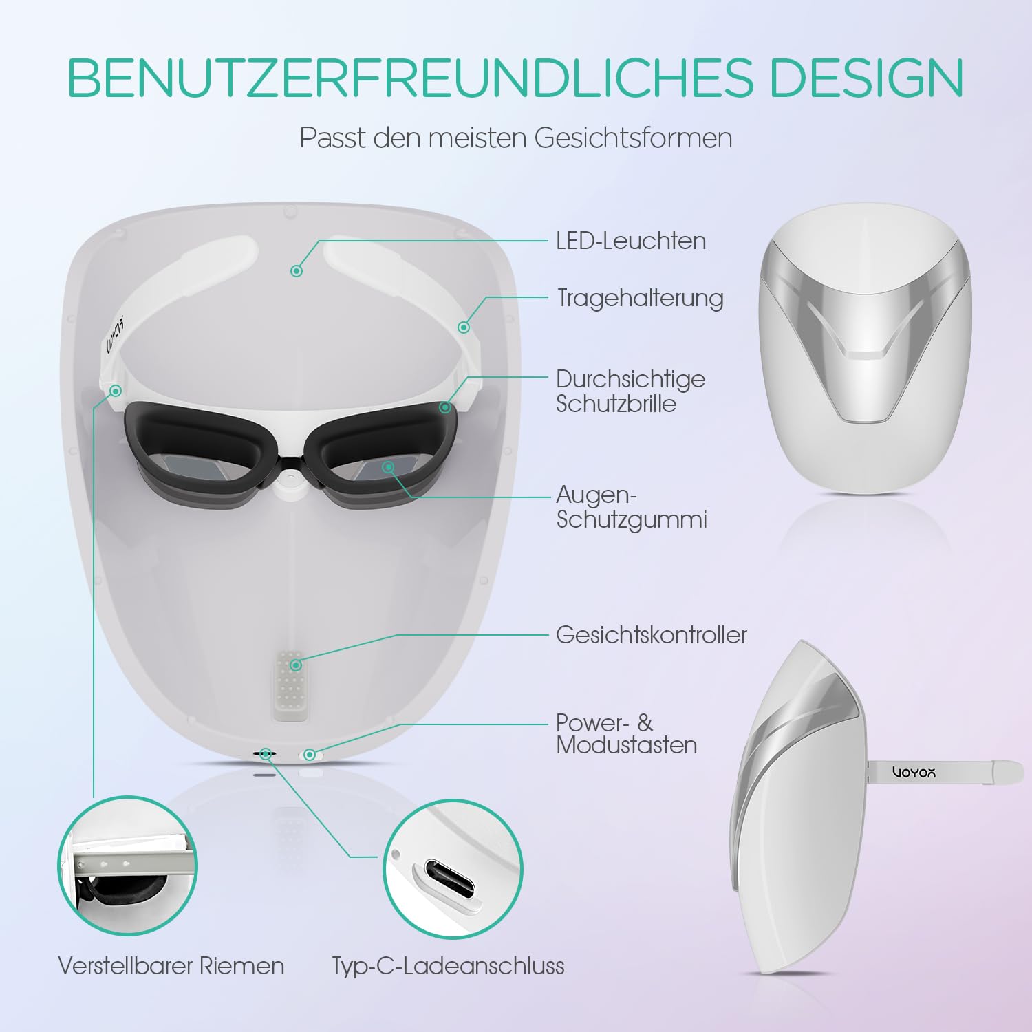 VOYOR LED-Gesichtsmaske, Lichttherapie-Maske mit Rot/Blau/Violett-Licht | Behandlung mit Timer, Komfortable Unterstützung, Kabellos, Einfache Anwendung, Anti-Aging, Verbessertes Hautbild, BM100