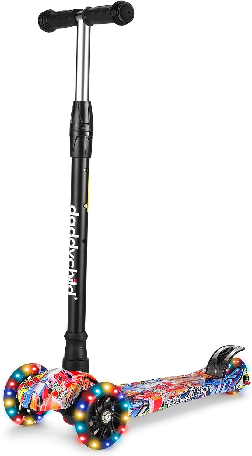 Kids Kick Scooter, 3 Wheeled Scooter for Kids, Child/Toddlers Toy, Adjustable Height, Anti-Slip Deck, Flashing Wheel Lights, for Boys/Girls 3-12 Year Old Popular Graffiti B