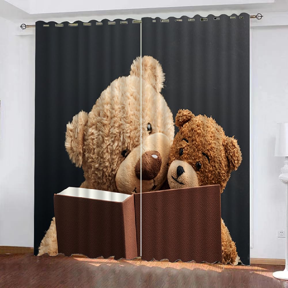 Blackout Curtains Bear 2 Panels 52" Wide x 84" Drop Room Darkening Polyester Fabric Eyelet Curtain 3D Cartoon Bear Curtains Energy Saving Window Drapes for Home Decoration（style 31-9）