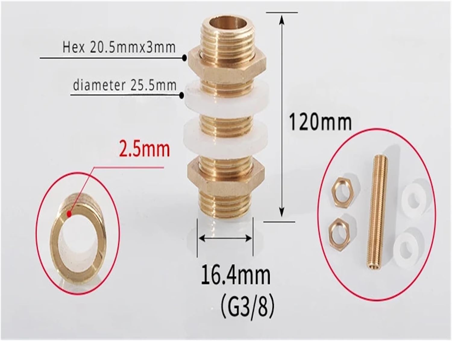 1/8 1/4 3/8 BSP 30-120 mm length Brass Full Thread Bulkhead Lock Pipe Fitting Union(3l8-BSP-L-120mm)