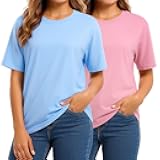 Combed Cotton Summer Tops for Women – Short Sleeve Crewneck T-Shirts, Compact Knit Loose Fit Basic Tees 2 Pack Black White
