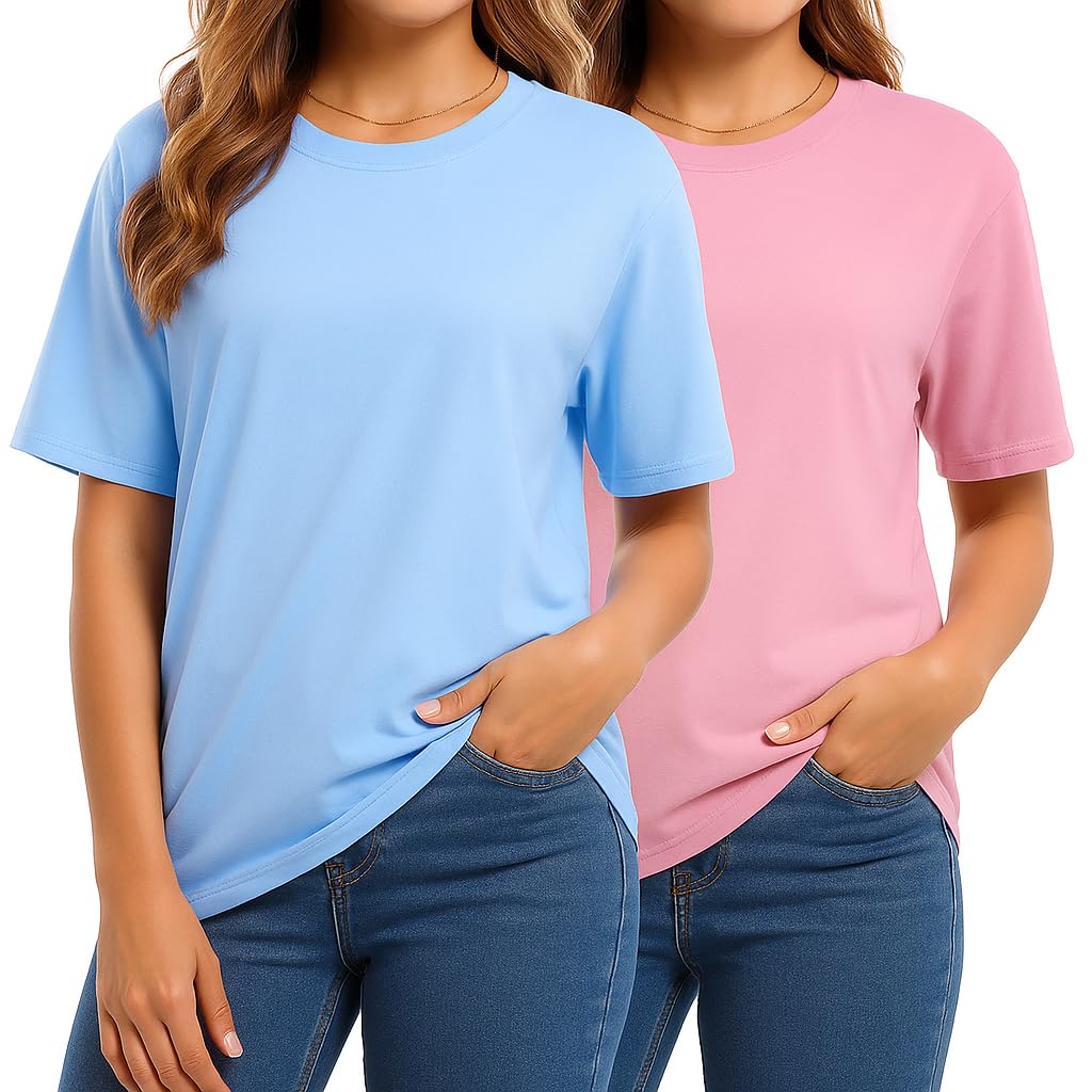 Non-Transparent Women's Premium Combed Cotton T-Shirts, 2-Pack Large Pink/Sky 2