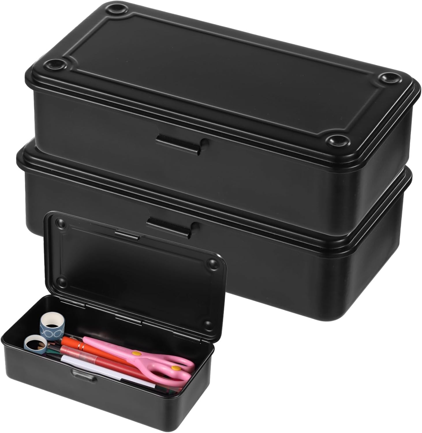 Metal Storage Box 2 Pcs with Hinged Lid, Steel Container for Scrapbook Stamps, Rectangular Tool Box for Pegs, Office Supplies