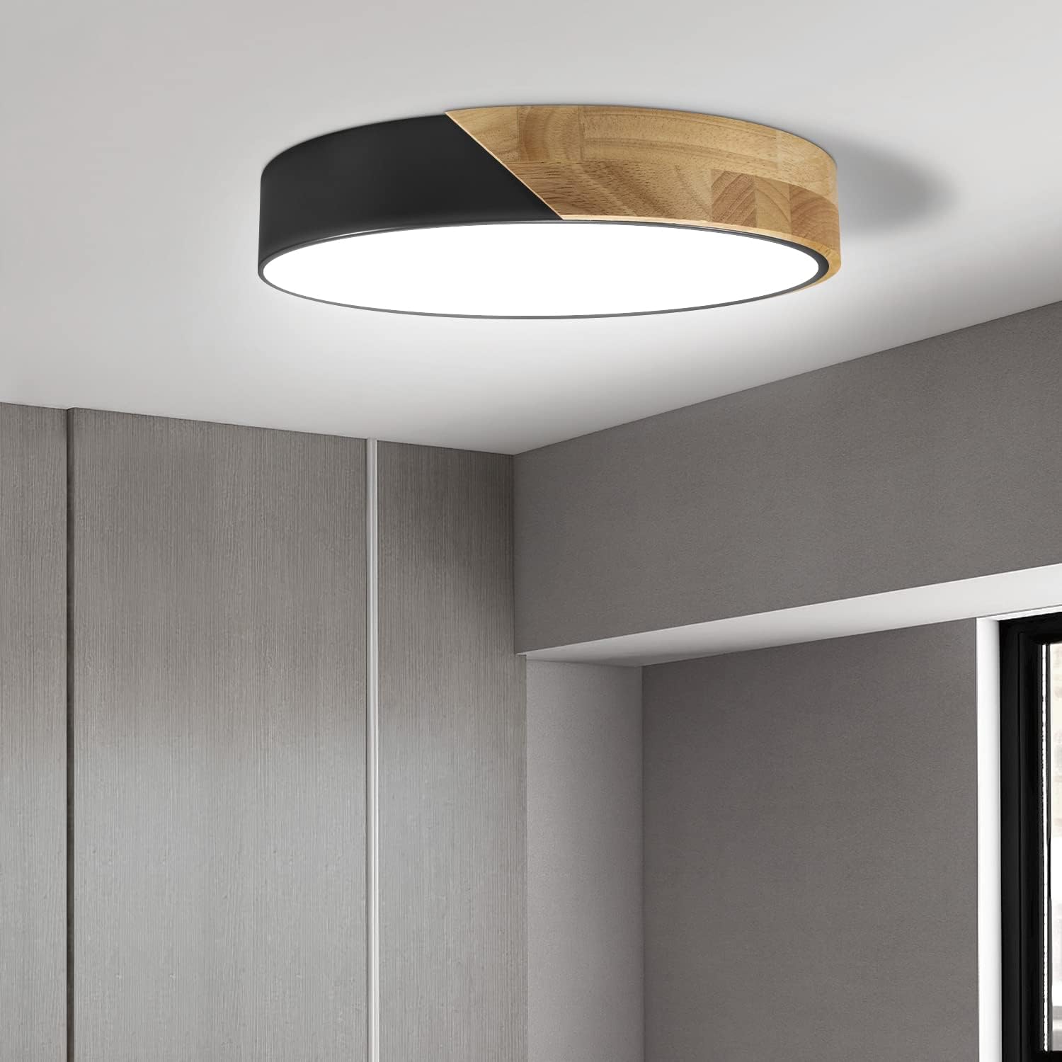 Led Ceiling Light Flush Mount: 12 Inch 24W Bedroom Light Fixture with Round Wood Modern Black Flat Overhead Minimalist Ceiling Lamps for Kitchen Hallway Laundry Cold White 6000K, Not Dimmable Black 6000K Cold White 11.8''