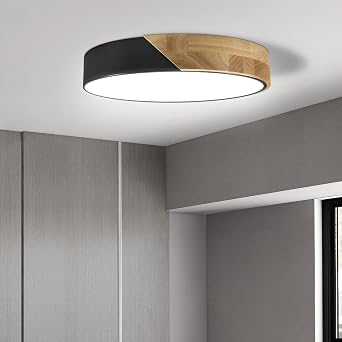 Led Ceiling Light Flush Mount Wood 12 Inch 24W Cold White 6000K Black
