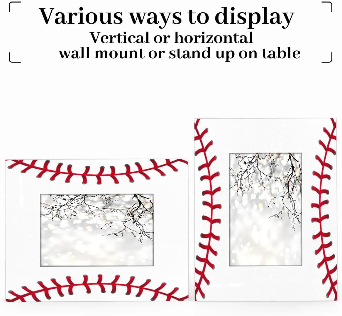 5x7 in Picture Frame Baseball Red White Stitching, Solid Wood With Mat Wooden Photo Frames, Photo Frames for Wall Mounting or Standing Table Top Family Baby Grandma Office Hotel Decoration