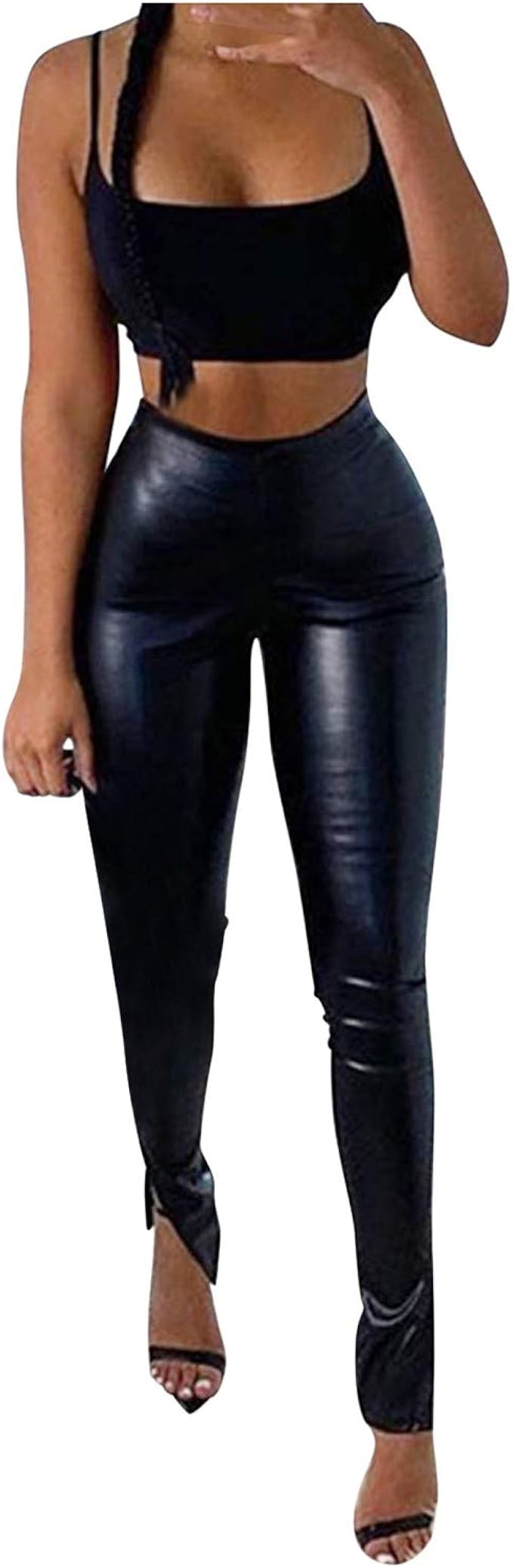 LONEA Elastic Leather Pants for Women High Rise Bell Bottom Faux Leather Pant with Slit Black 