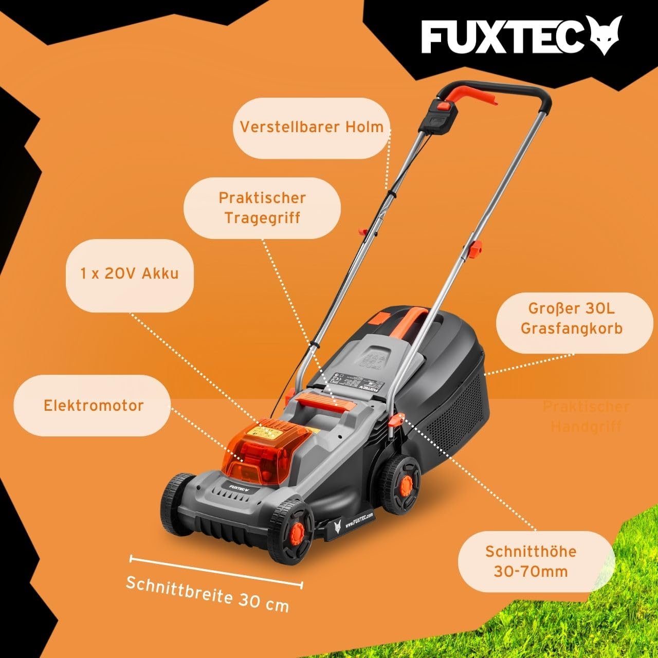 FUXTEC 20V Akku Garten Geräte Set FX-E1RM20ECO-SET & FX-E1RT20-SET • Akku Rasenmäher 30cm & Rasentrimmer 25cm • 2X 2Ah Akku mit Ladegerät • Wechselakku System • Kabellos • Akkumäher mit 30L Fangkorb