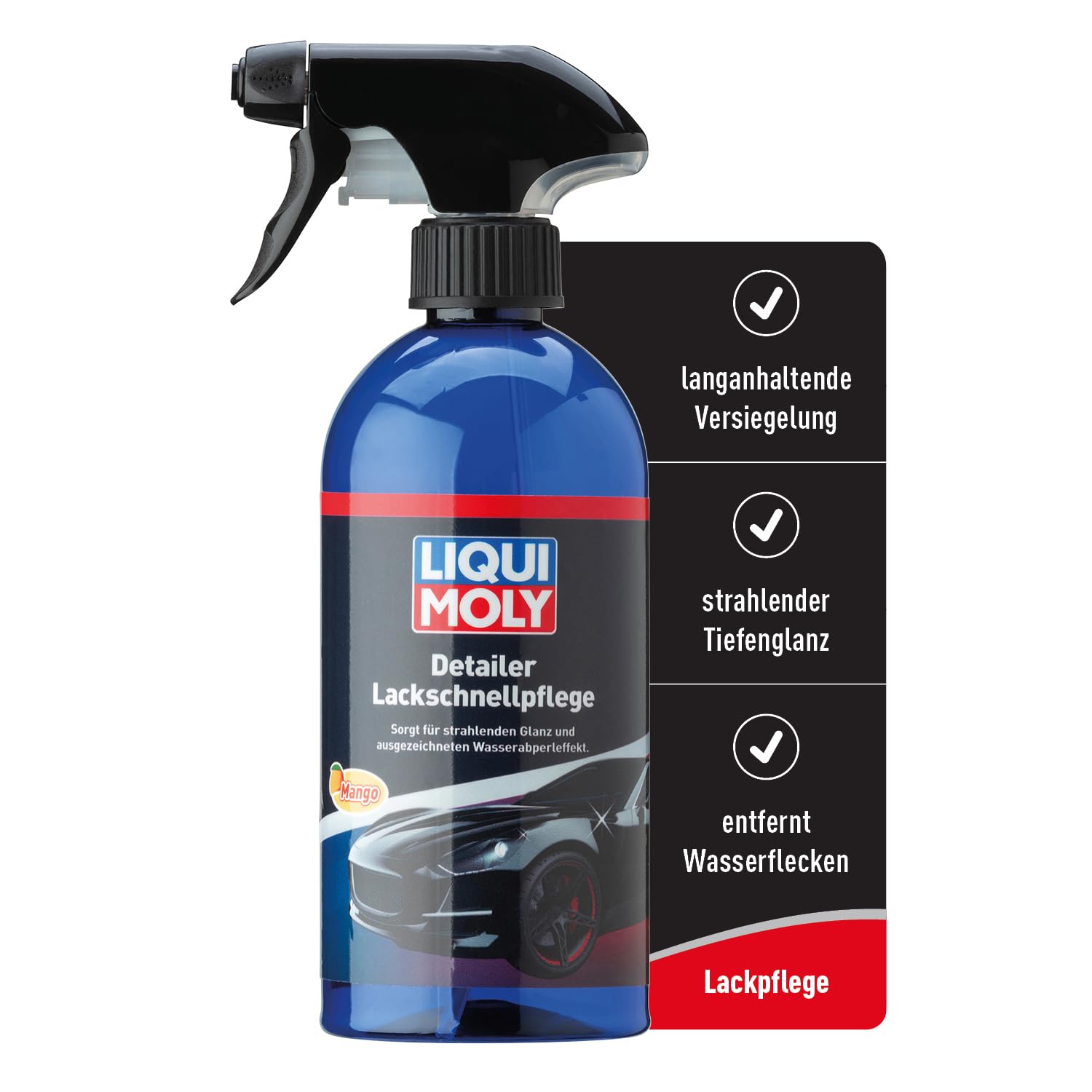 LIQUI MOLY Detailer Lackschnellpflege, Art.-Nr. 21611 I 500ml Lackpflege Auto Versiegelung für Schutz & Glanz I Detailer Auto gegen Wasserflecken I Mit Mango-Duft & Wasserabperleffekt