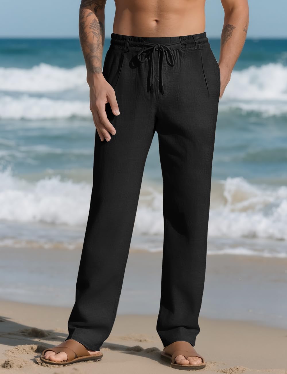 Men's Casual Linen Pants Elastic Waist Drawstring Summer Beach Lightweight Trouser with Pockets Black Small image 2 of 6 B0FCMQB2WM