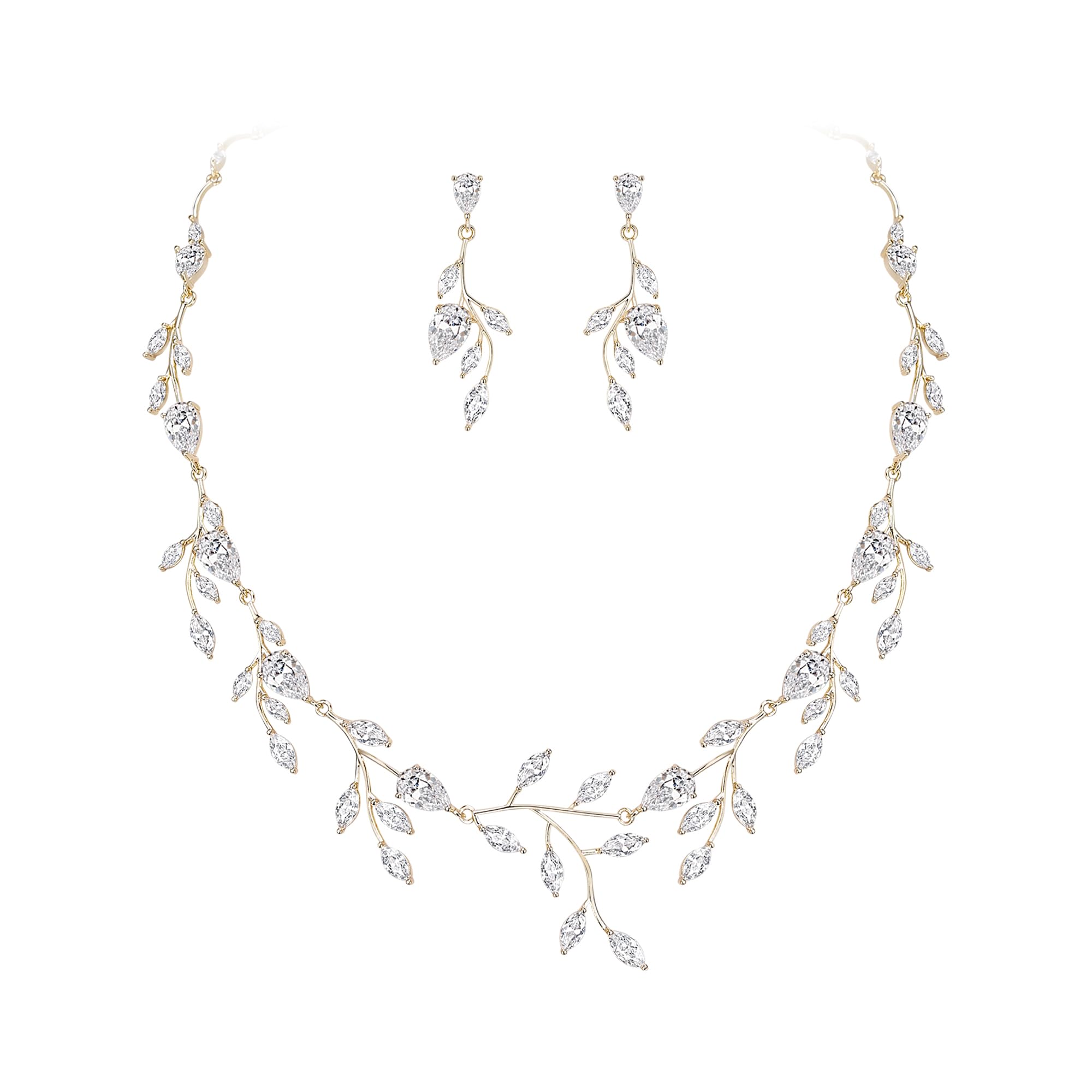 EVER FAITH Wedding Jewelry for Bride Women Bridesmaid, Sparkly Cubic Zirconia Pear-Shaped Birthstone Leaf Necklace Earrings Set for Prom