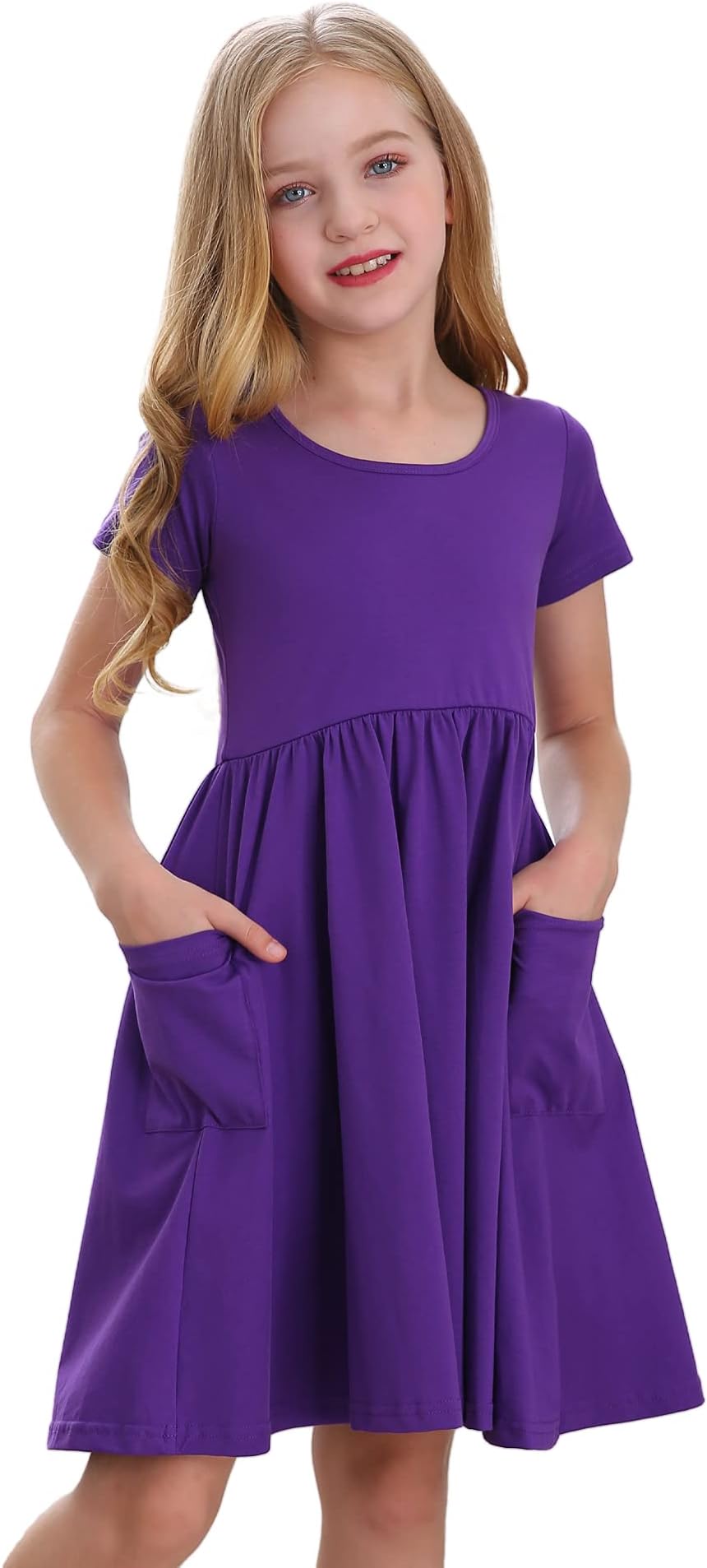 Stelle Girls Short Sleeve Dress Summer Kids Toddler Skater Twirl A Line Solid Color T-Shirt Dress for School Casual 3-12 Y