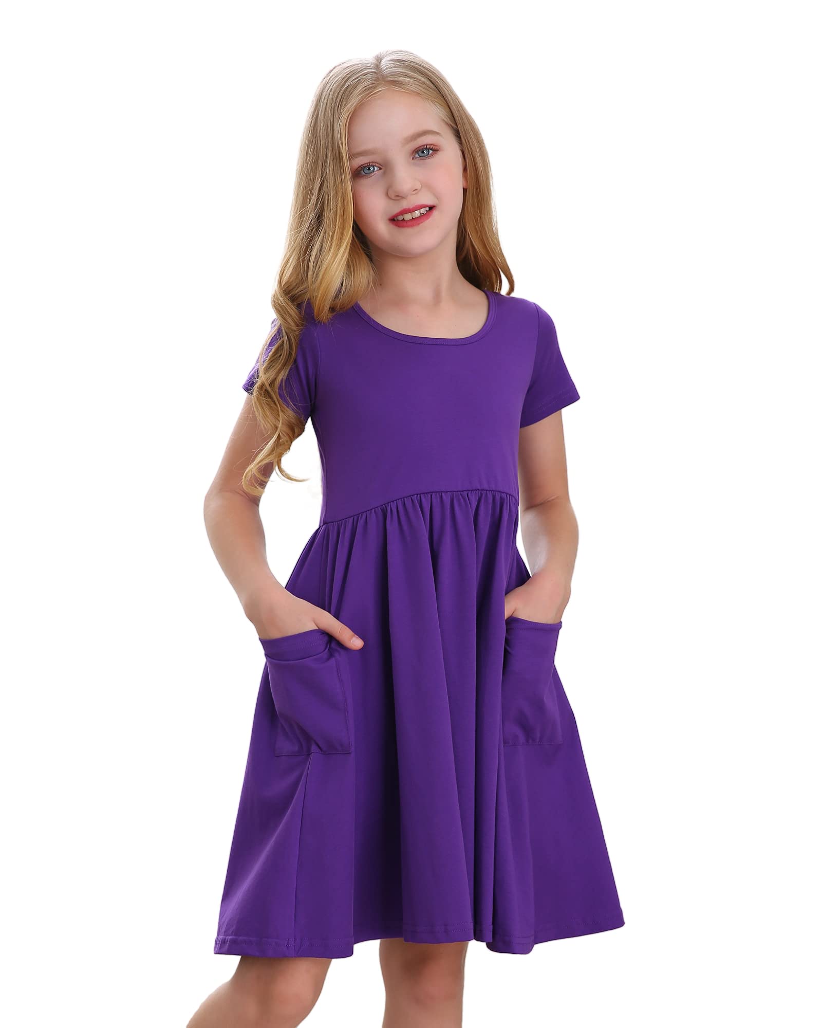 Stelle Girls Short Sleeve Dress Summer Kids Toddler Skater Twirl A Line Solid Color T-Shirt Dress for School Casual 3-12 Y