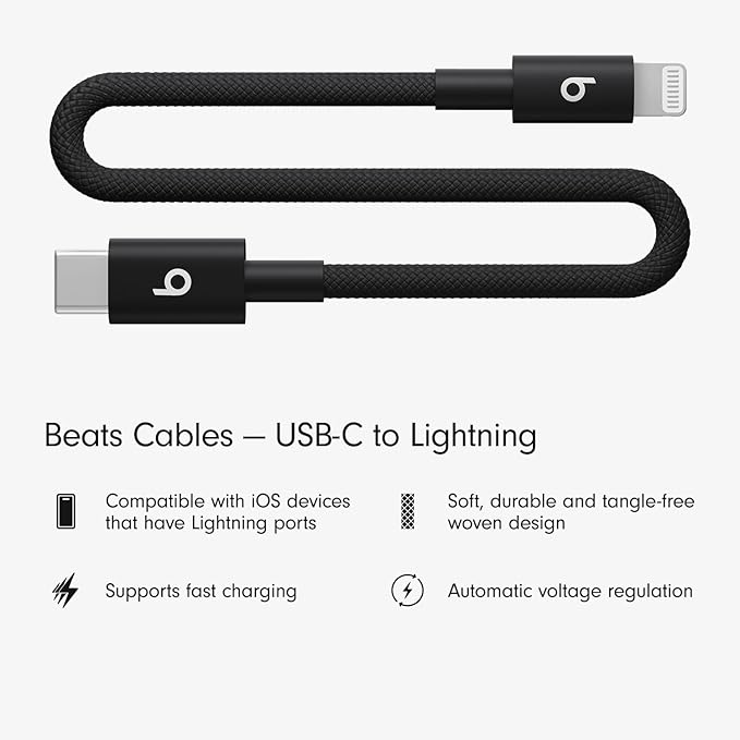 Beats USB-C to Lightning Woven Cable Fast Charging Durable/Tangle-Free Compatible Charger for Apple Devices w Lightning Ports (20 cm, 8 in) - Bolt Black