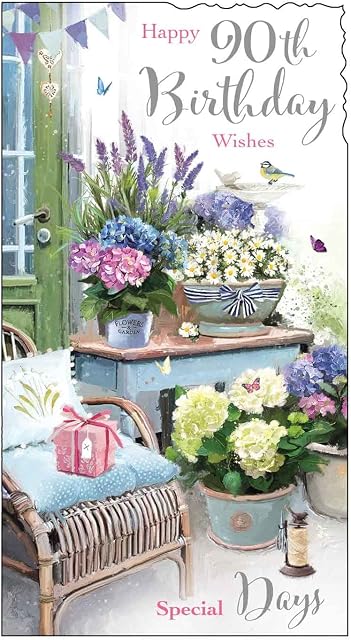 Stunning Artistic Female 90th Birthday Card from The Velvet Moments Range - Garden Chair and Pretty Flowers - Attractive Embossed, Foil and Flitter Finish - Greeting Card for Her (JJ-VM101)
