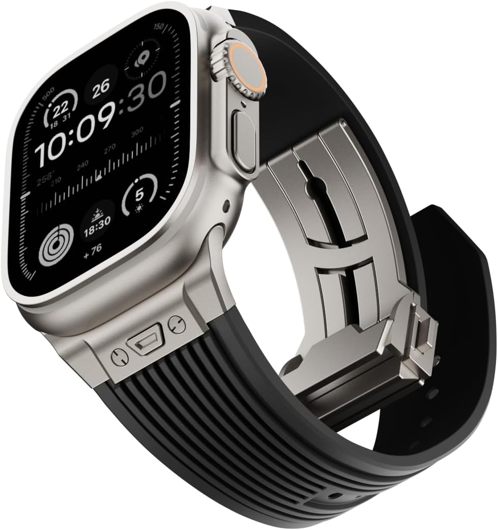 NewWays Watch Band for Apple Watch Ultra 2 Band 49mm 45mm 44mm 42mm, Luxury Rugged Silicone Rubber Strap with Metal Connector & Folding Clasp for iWatch Ultra Series 9 8 7 6 5 4 3 2 1 SE for Men