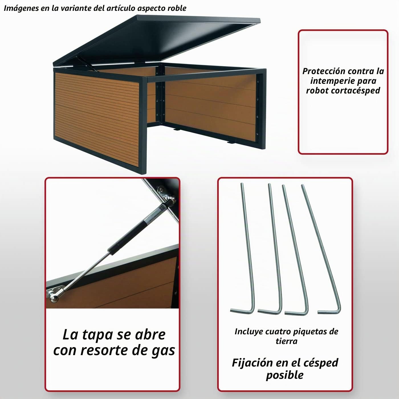 Garaje para robot cortacésped con tapa HWC-L45, techo para cortacésped, metal WPC, 35 x 60 x 70 cm, aspecto de roble
