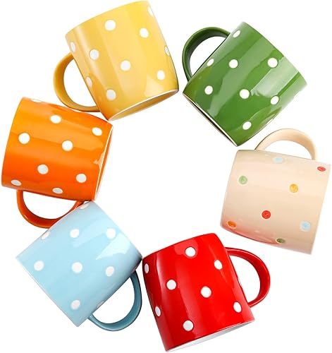 Miniatura 6 de Elsjoy Paquete de 6 tazas de café de lunares, tazas de café de cerámica de 12 onzas, juego de tazas de porcelana colorida para café, té, leche,
