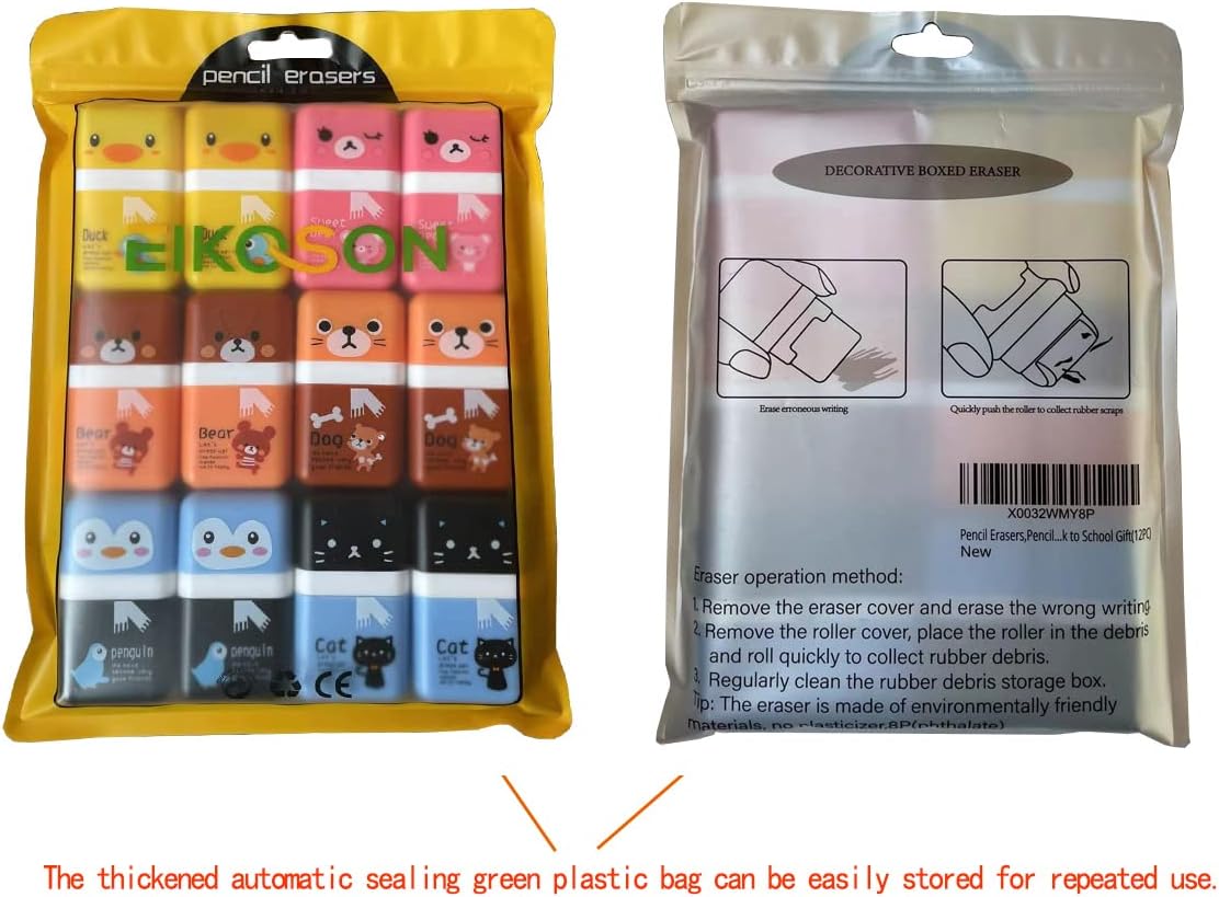 EIKOSON Erasers for Kids 12 Pack Pencil Eraser Shaving Roller Case, Kids Erasers, Cute Erasers,School Supplies for Kids,School Supplies