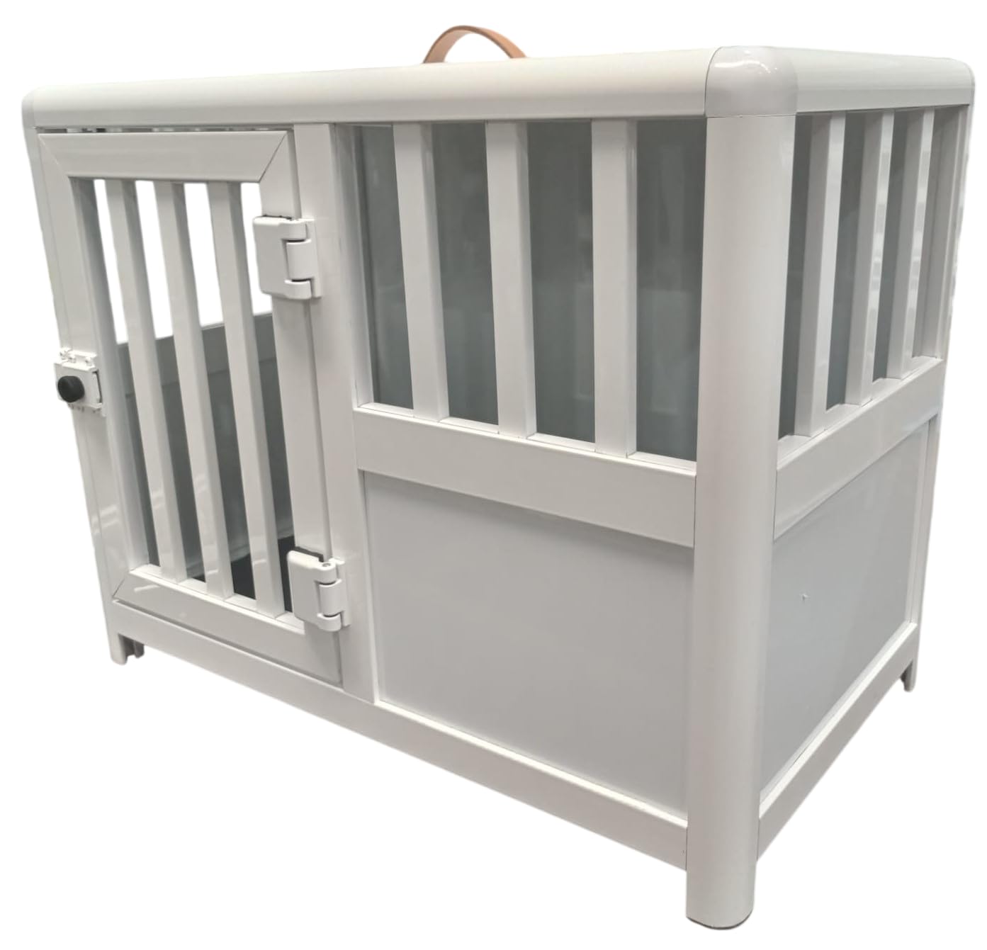 Transportín de Aluminio para Perros medianos, Color Blanco, con Puerta y Asa de Cuero, Jaula Resistente para Mascotas