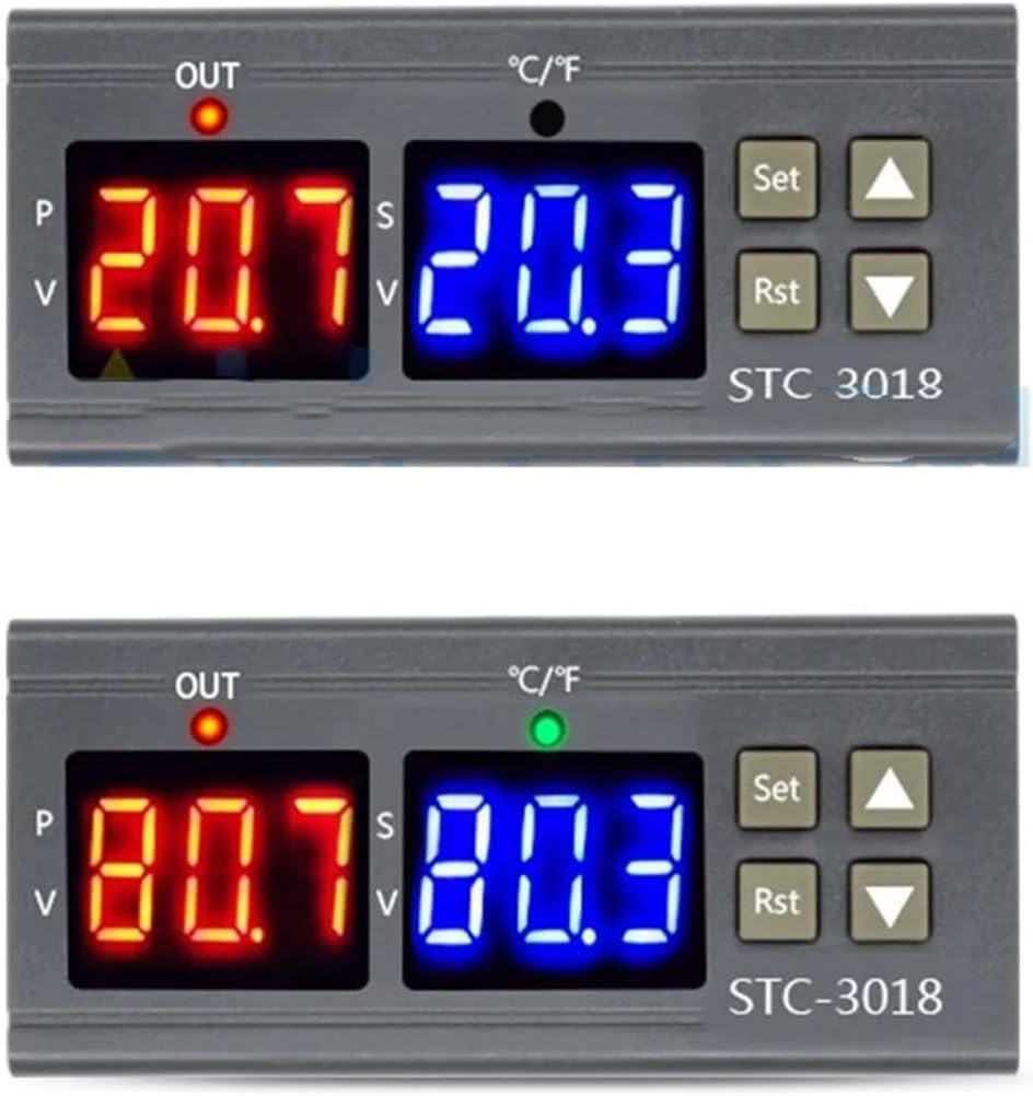 STC-3018 controller displays showing different temperature and humidity readings.