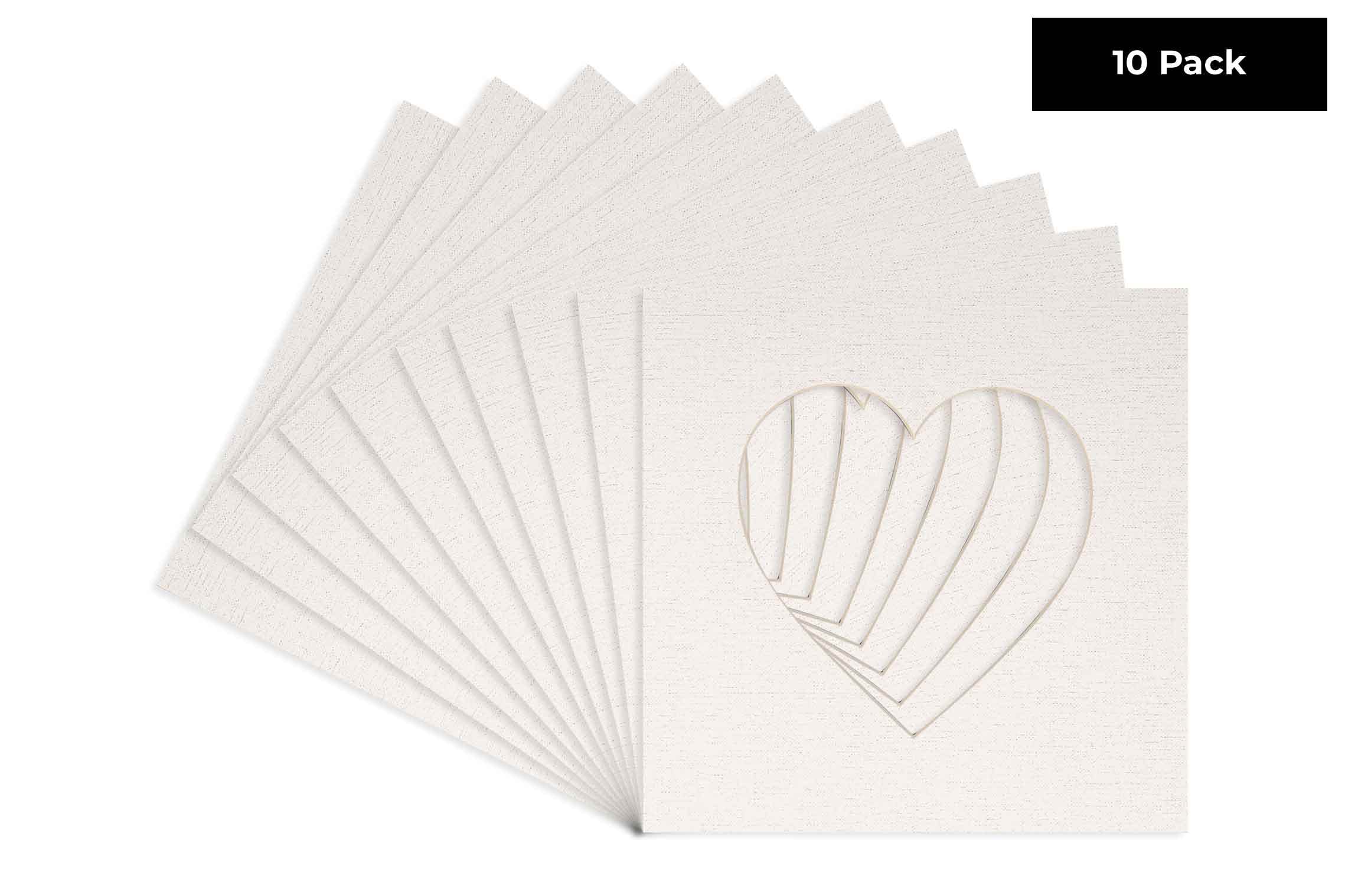 White Linen Canvas Acid Free 8x8 Heart Picture Frame Mat with White Core Bevel Cut for 4x4 Pictures - Fits 8x8 Frame - Pack of 10 Matboard Show Kits With Acid Free Backings & Clear Bags