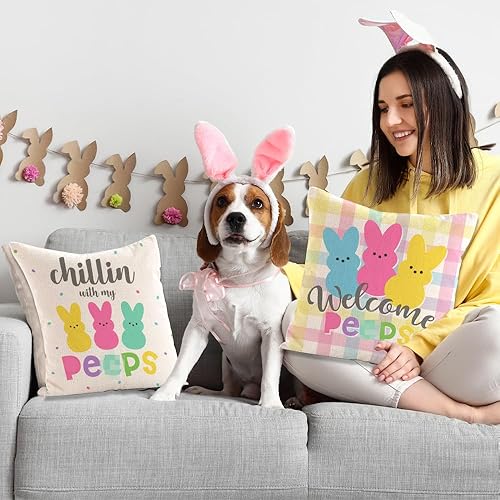 Miniatura 5 de GREHUMOR Juego de 4 fundas de almohada de Pascua de 18 x 18 pulgadas, diseño de conejito con rayas rosas primaverales, para sofá, decoración del