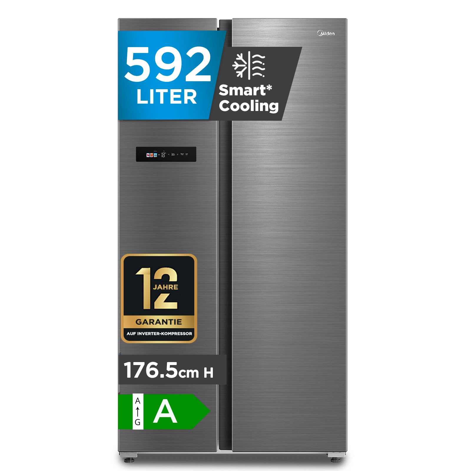 Midea MDRS791MYA46 Side-by-Side Kühl-/Gefrierkombination/No Frost/Inverter Compressor/176,5 cm hoch/379 L Kühlen/213 L Gefrieren/Doppelte Steuerung/SuperCool/LED-Beleuchtung/35dB/Rostfreier Stahl