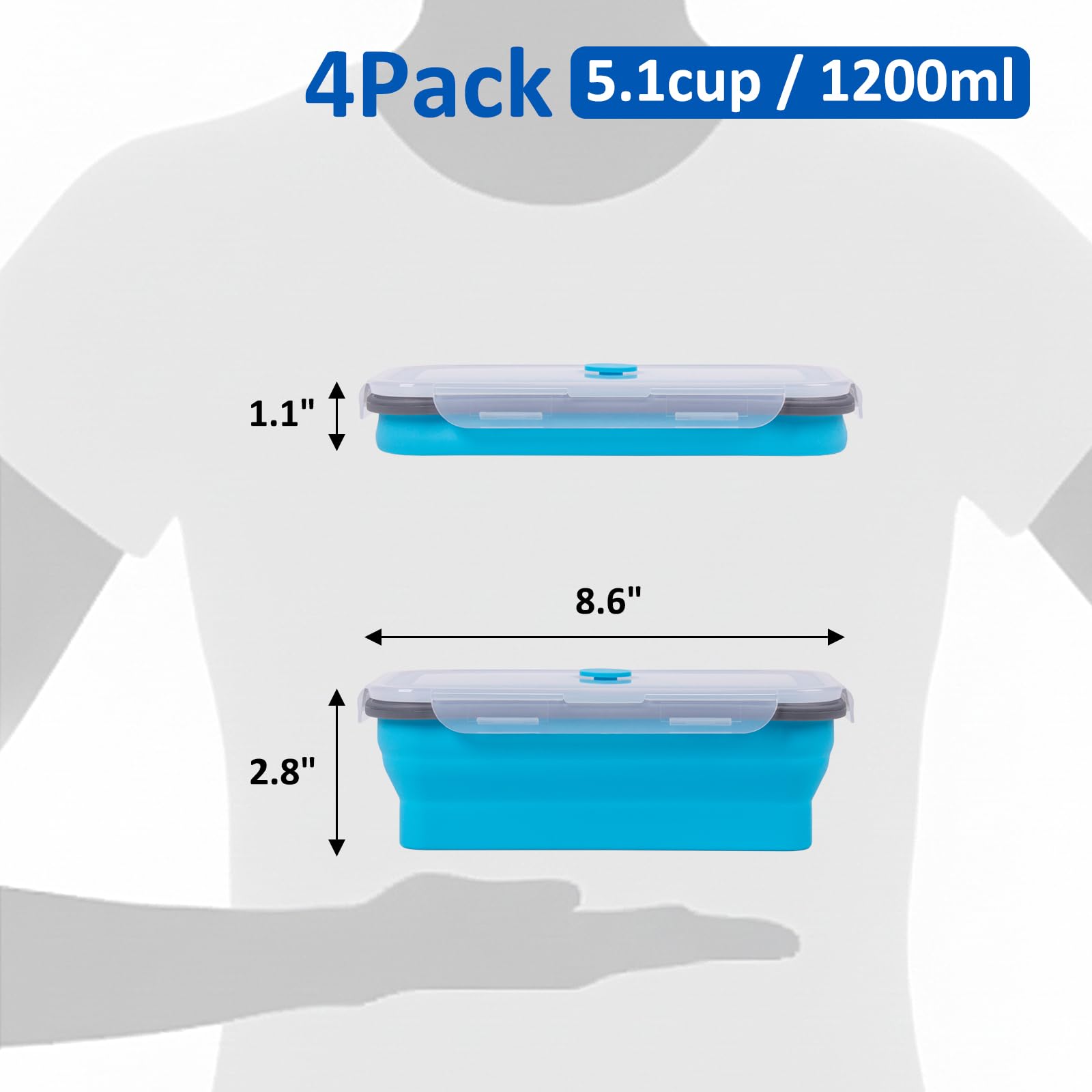 Juego de 4 recipientes plegables para almacenamiento de alimentos, 1200 ml