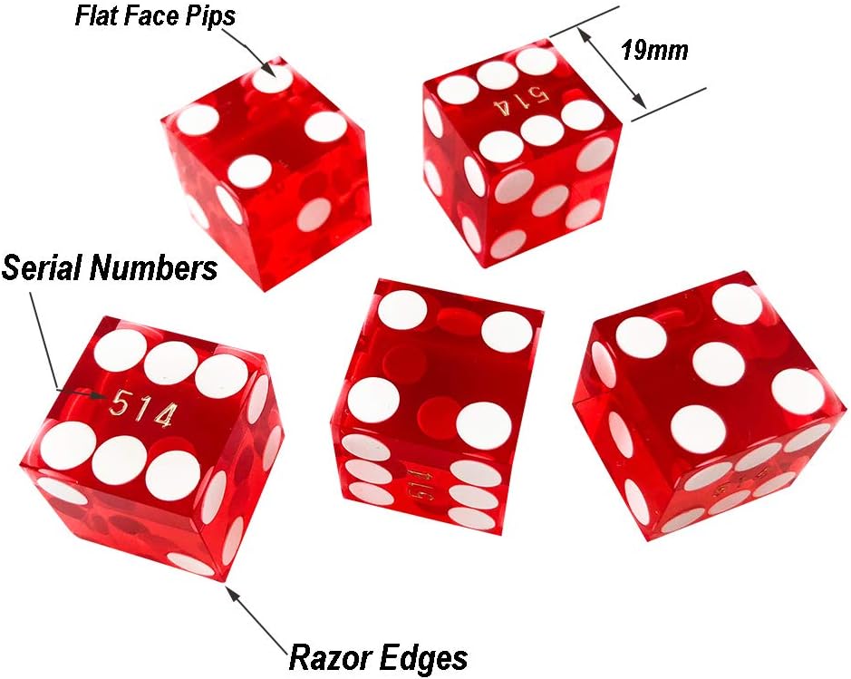 Yuanhe Casino Craps Dice Set - Including 19mm Red Precision Serialized Casino Dice Set of 5 and 3-Inch Craps On/Off Dealer Puck Button