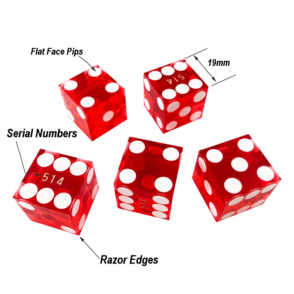 Yuanhe Casino Craps Dice Set - Including 19mm Red Precision Serialized Casino Dice Set of 5 and 3-Inch Craps On/Off Dealer Puck Button