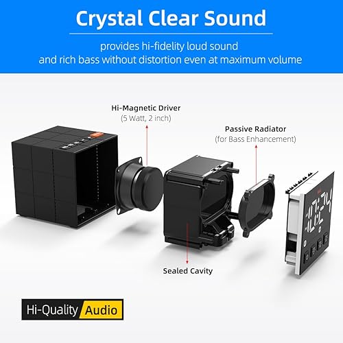 Miniatura 2 de Reloj despertador con altavoz Bluetooth con sonido cristalino, graves intensos, pantalla LED regulable, reloj digital pequeño para dormitorio, reloj