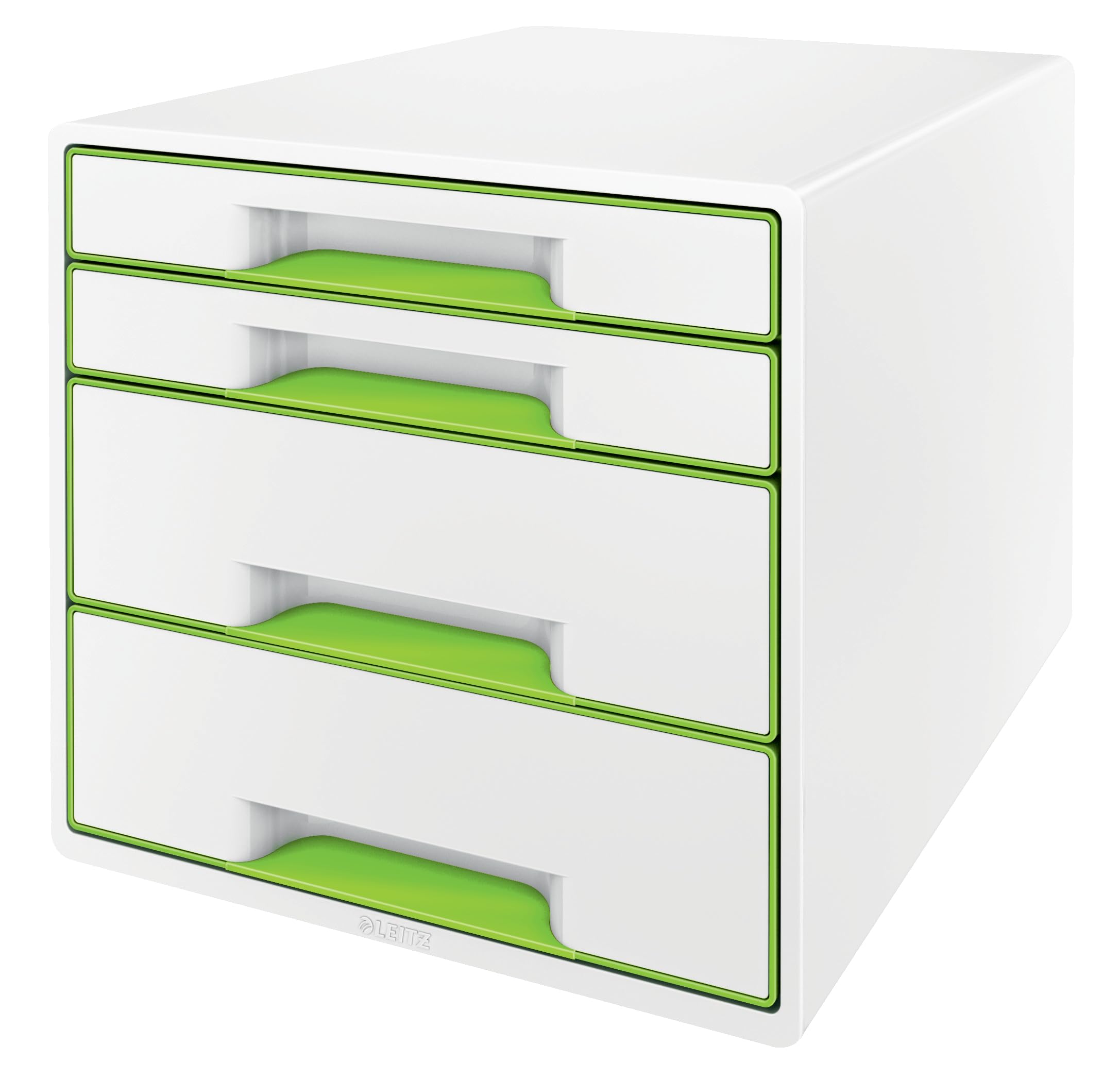 Leitz CUBE Schubladenbox mit 4 Schubladen, Weiß/Grün, A4, Inkl. transparentem Schubladeneinsatz, WOW, 52132054