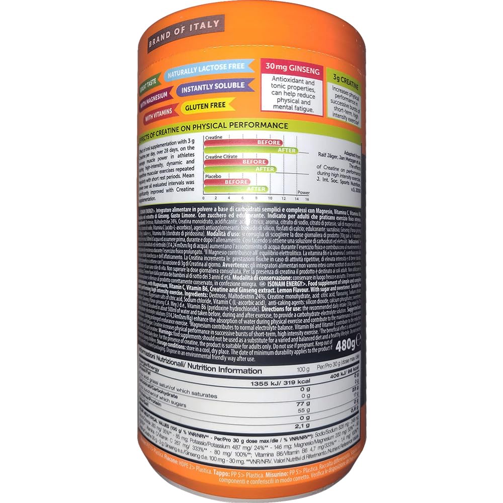 Isonam Energy Lemon 480g, 3 Confezioni - Nuova Formula con 3g di Creatina – Integratore Energetico e Idratante con Sali Minerali, Senza Glutine e Lattosio