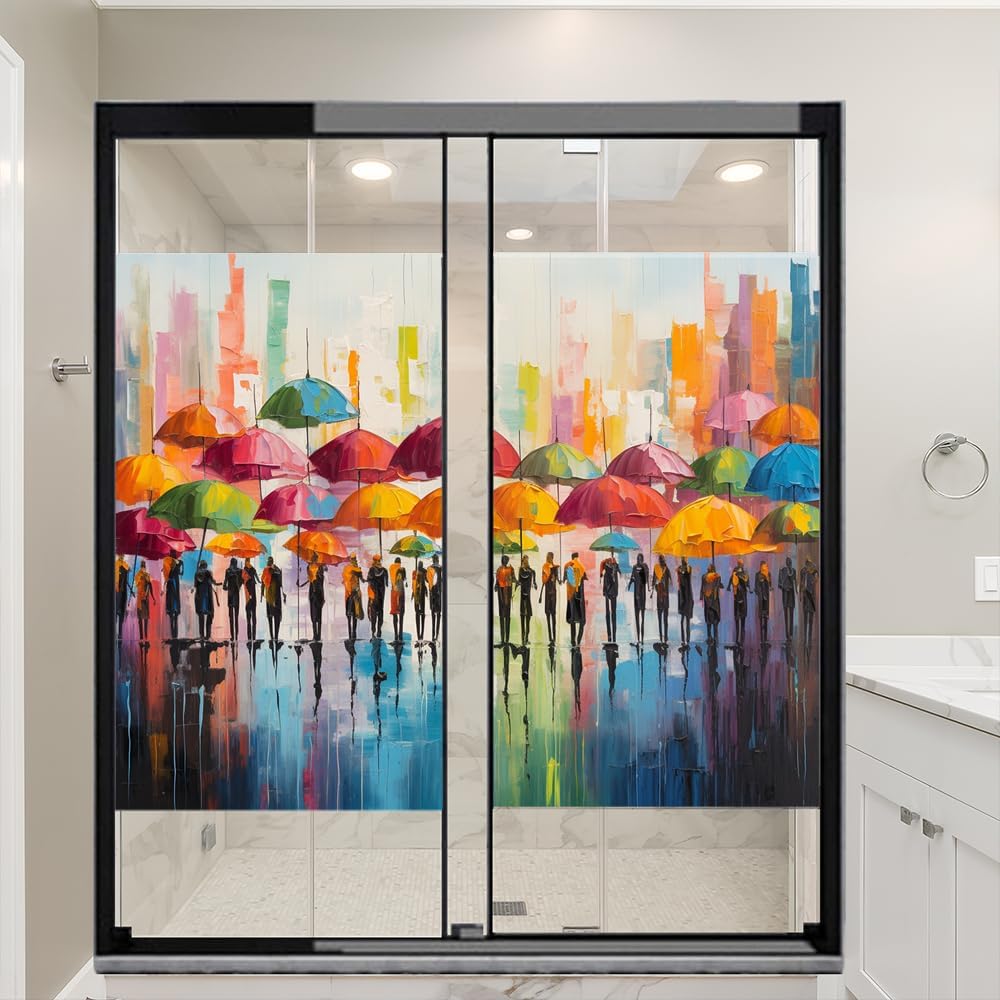 Abstract Umbrella Window Film Privacy Colorful Abstract Urban Street Pedestrian Stained Glass Window Film Sun Blocking Decorative Window Covering Film for Home Office 17.7Wx23.6L-inch x2 Pcs