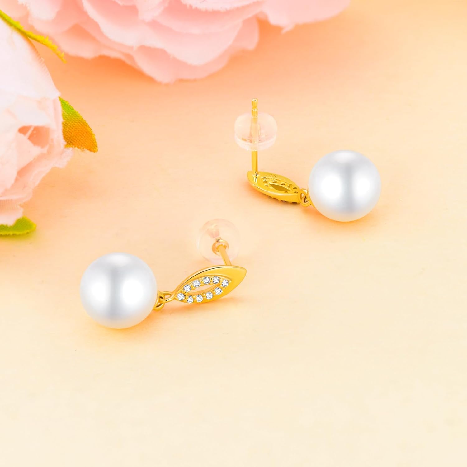 SISGEM 14k Gold Natural Diamond and Pearl Stud Drop Earrings for Women, Fine Jewelry Gifts for Her, 10 MM Freshwater Cultured Pearl