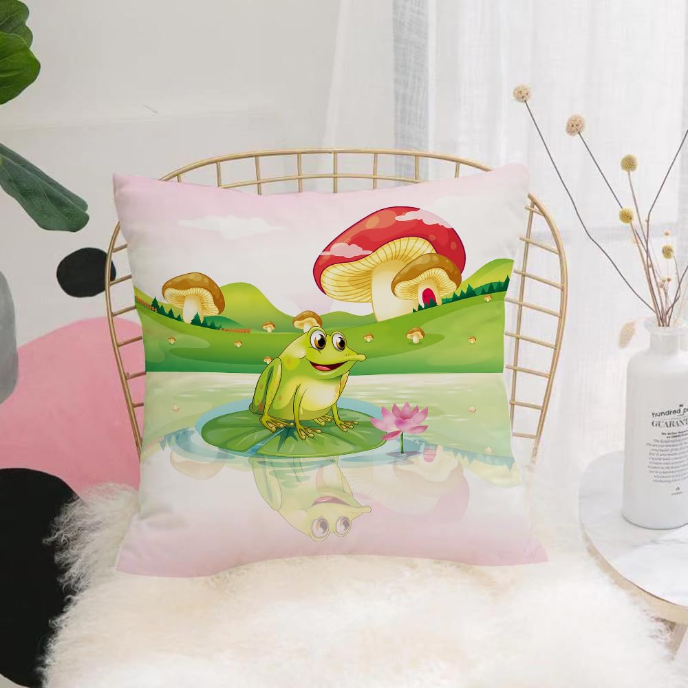 HYMSXW Cushion Cover,Throw Pillow Case Home Decorative for Living Room Bedroom Sofa Chair 20X20 Inch,Frog on a lily pad with mushrooms,Pillowcase 50X50cm