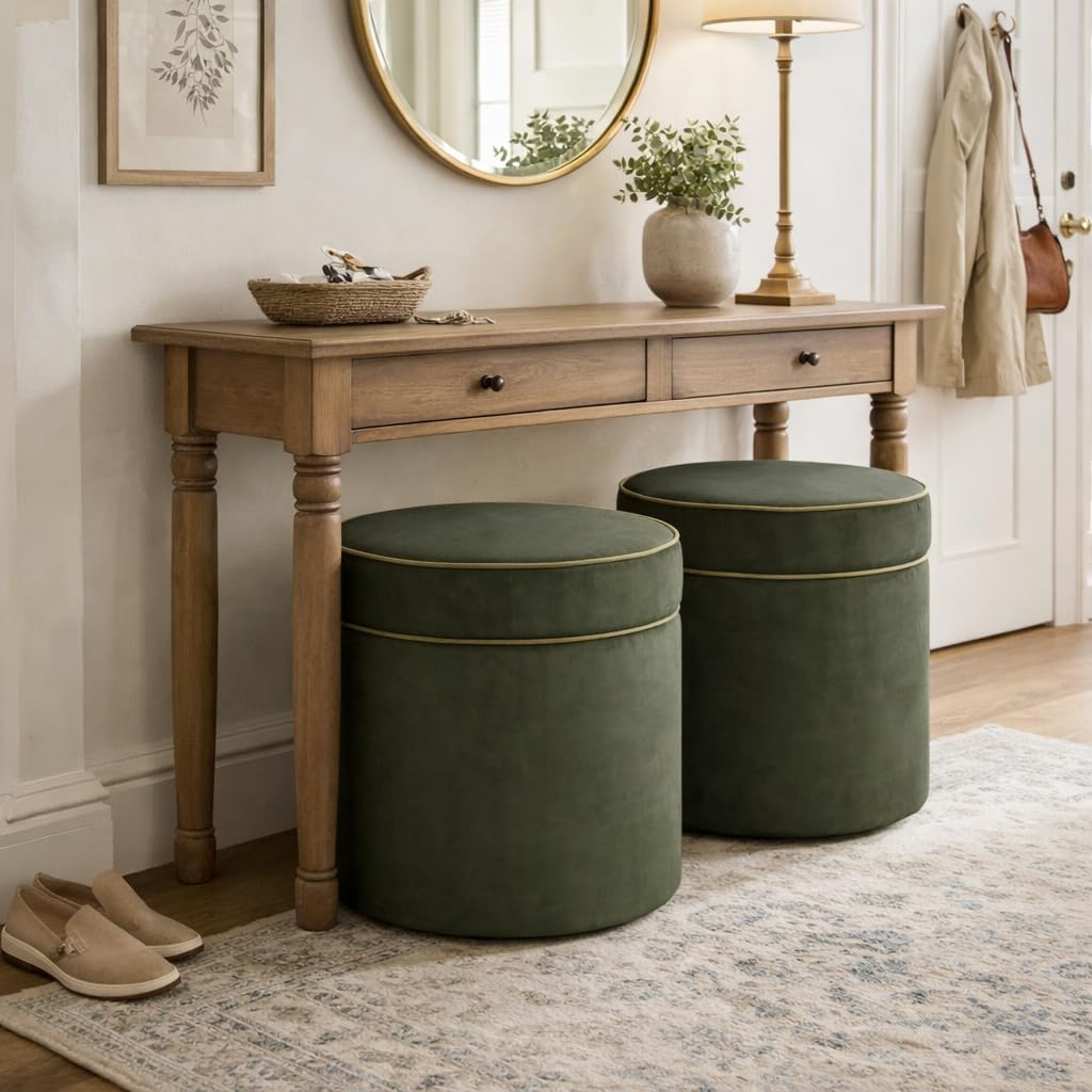Spatial Order Velvet Storage Ottoman with Lift-Off Lid – 18” Round Upholstered Footrest, Loden Green Velvet, Modern Accent Stool with Hidden Storage for Living Room & Bedroom